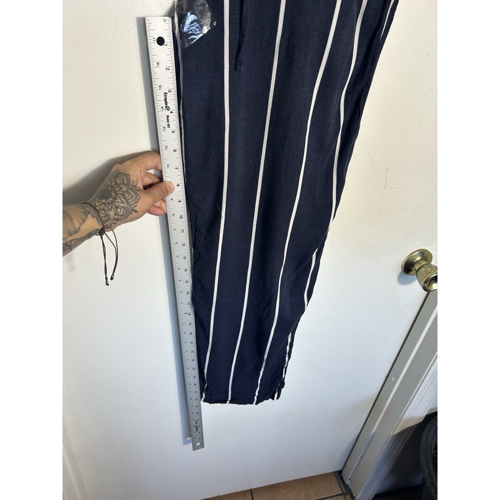 H&M L.O.G.G. Women's Navy Blue White Striped Wide Leg Linen Blend Pants Size 12 - Picture 9 of 9